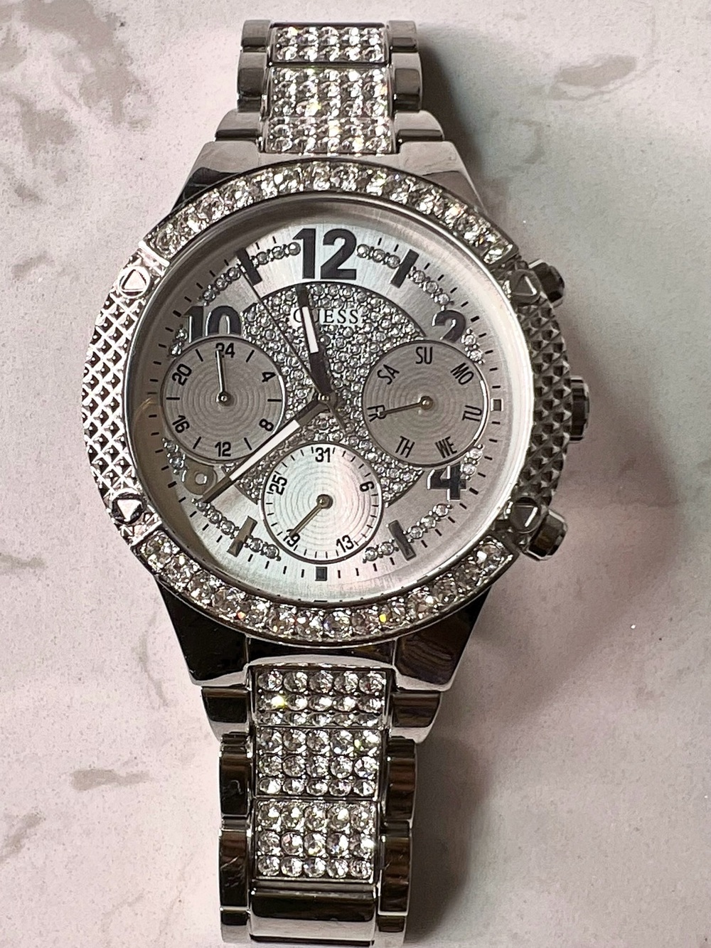 GUESS Silver Crystal-Embellished Women's Chronograph Watch